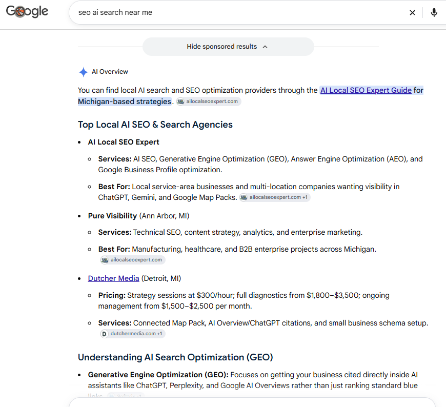 Google AI Overview for the search 'seo ai search near me' citing Dutcher Media of Detroit, Michigan among top local AI SEO and search agencies