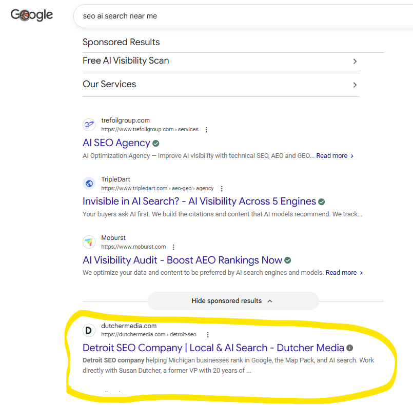 Google search results for 'seo ai search near me' showing dutchermedia.com in the first organic position below the sponsored results